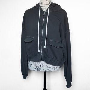 Aerie Charcoal Grey zip up cropped hoodie with pockets & drop shoulders